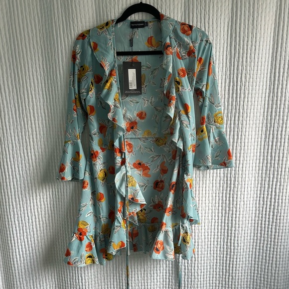 NWT Turquoise Floral Printed Frill Wrap Tea Dress - Picture 10 of 13